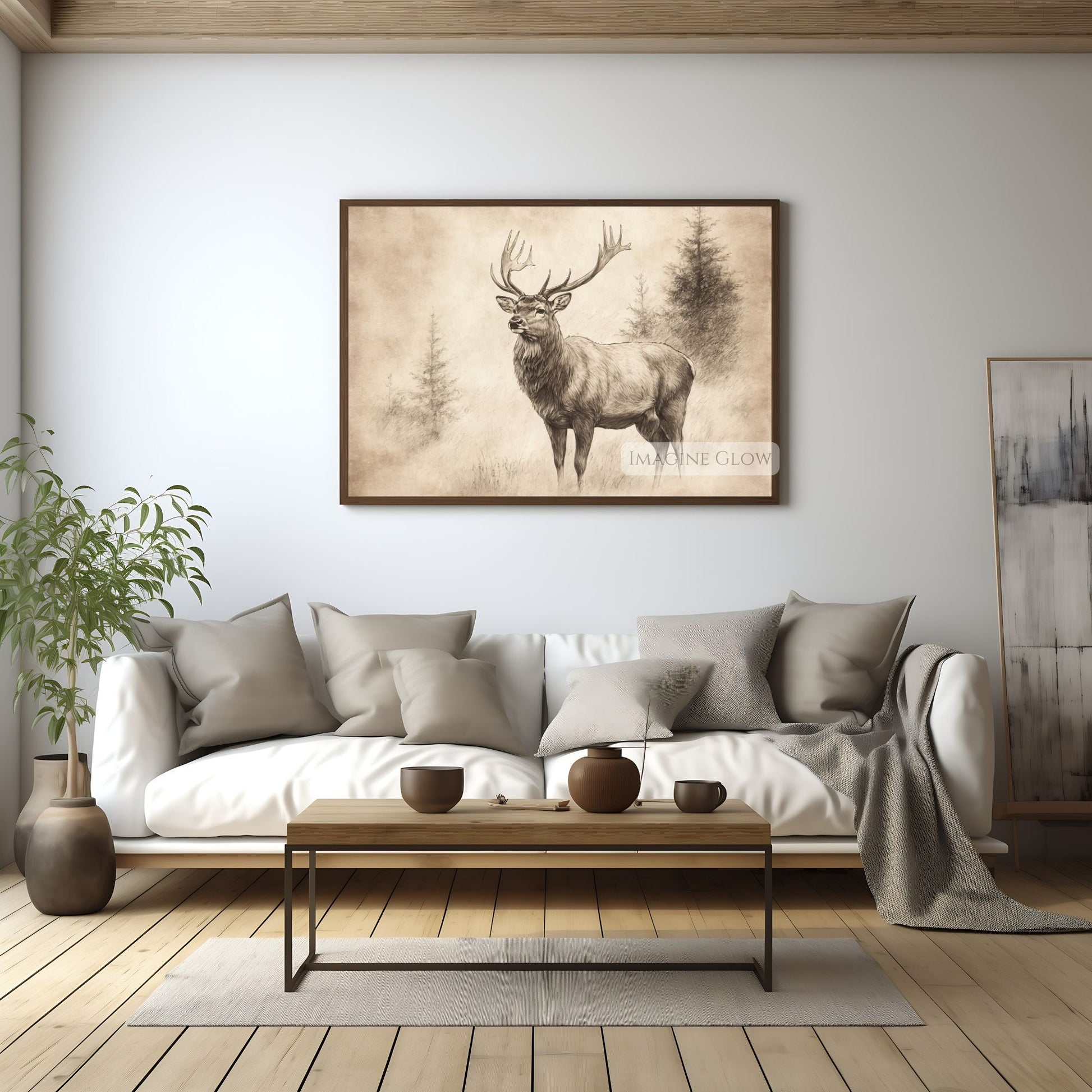 Fine art stag sketch for cabin and woodland spaces.
