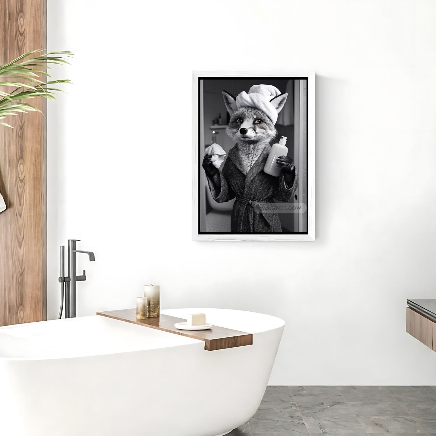 Black and white fox art for bathroom
Animal-themed bathroom art fox print