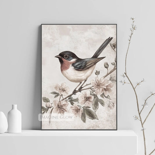 Vintage bird illustration on a flowering branch botanical wall art.
