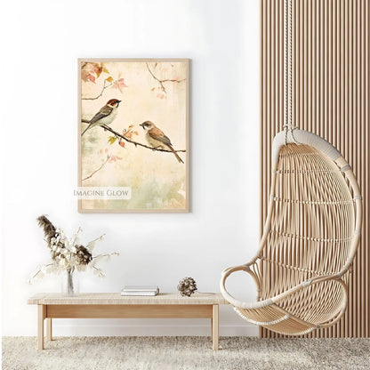 Two birds perched on a tree branch vintage wall decor.
