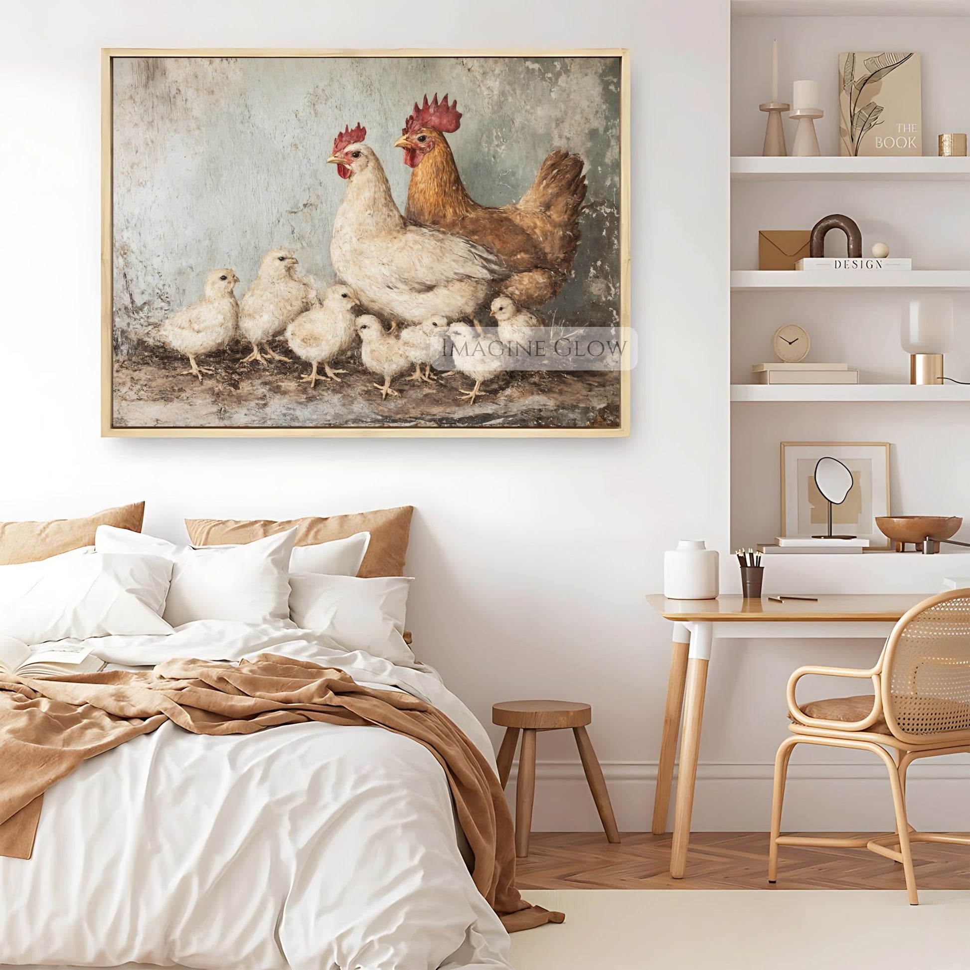 Charming oil painting of chicken and chicks
