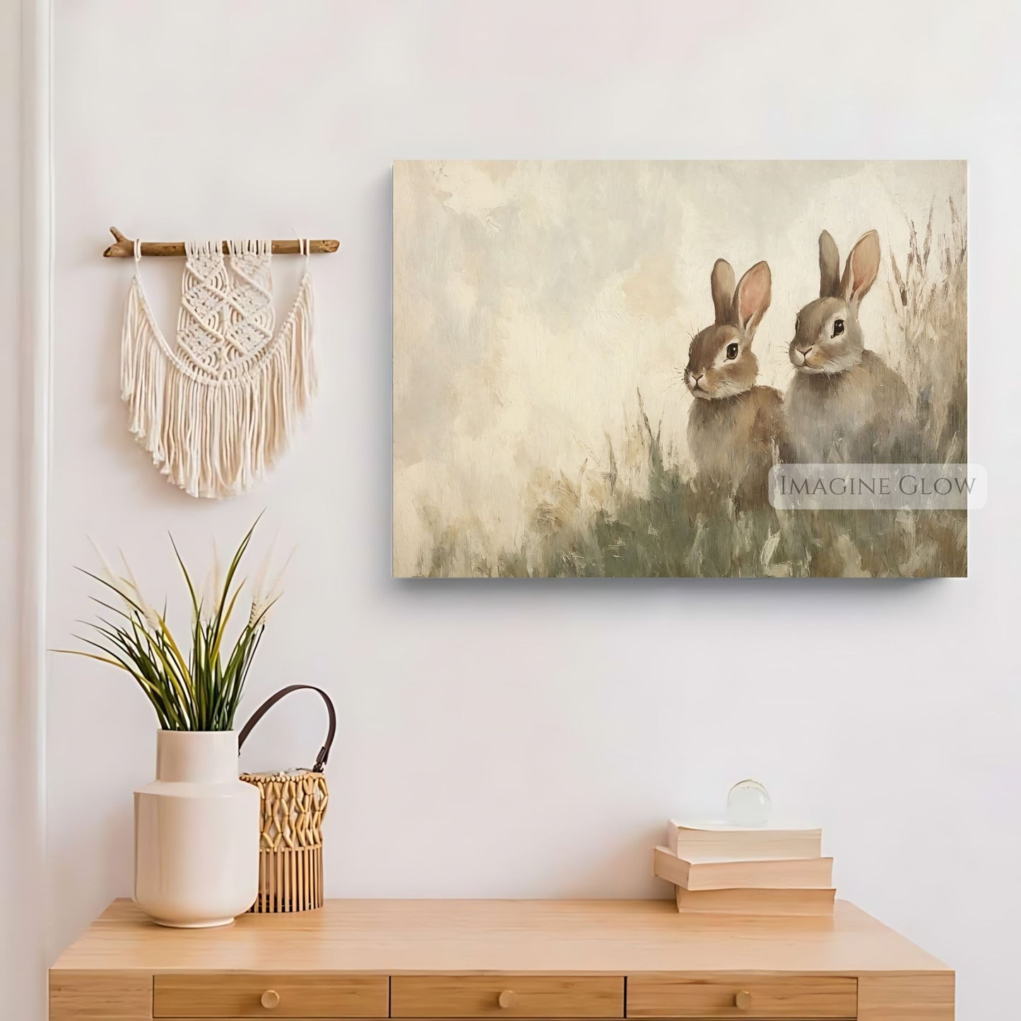 Peaceful countryside rabbit painting - vintage print
