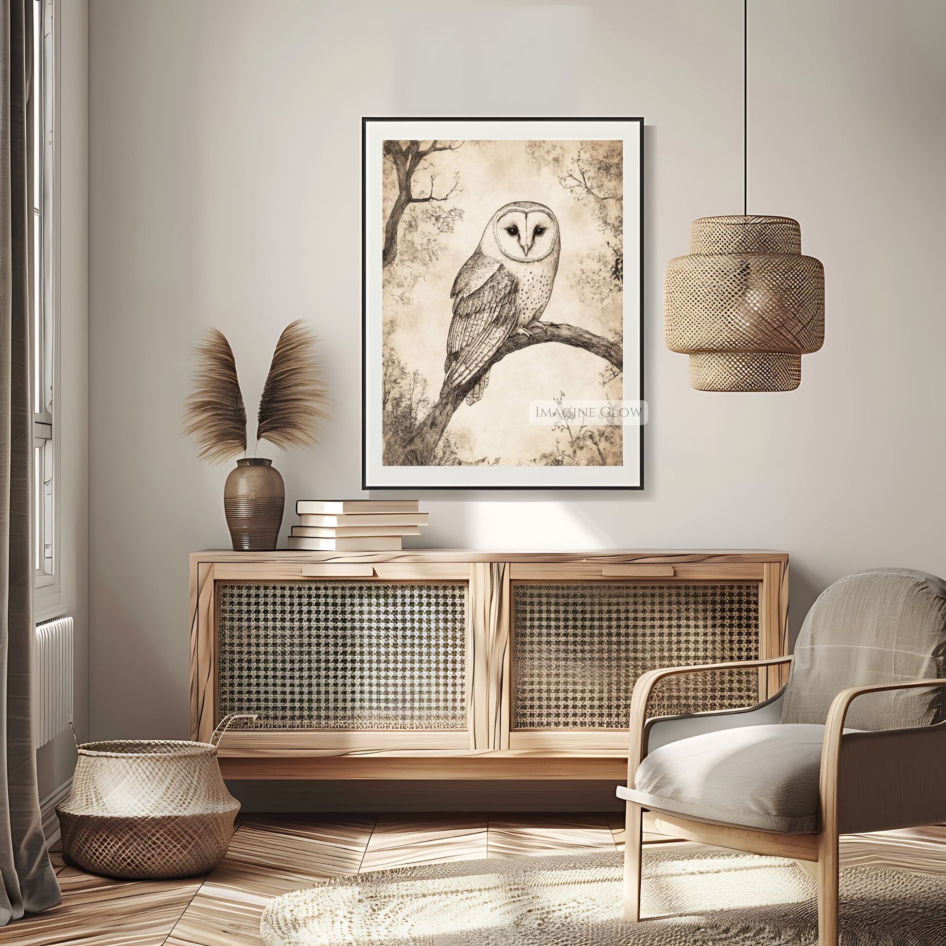 Classic owl sketch print for woodland and rustic home styles.
