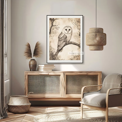 Classic owl sketch print for woodland and rustic home styles.
