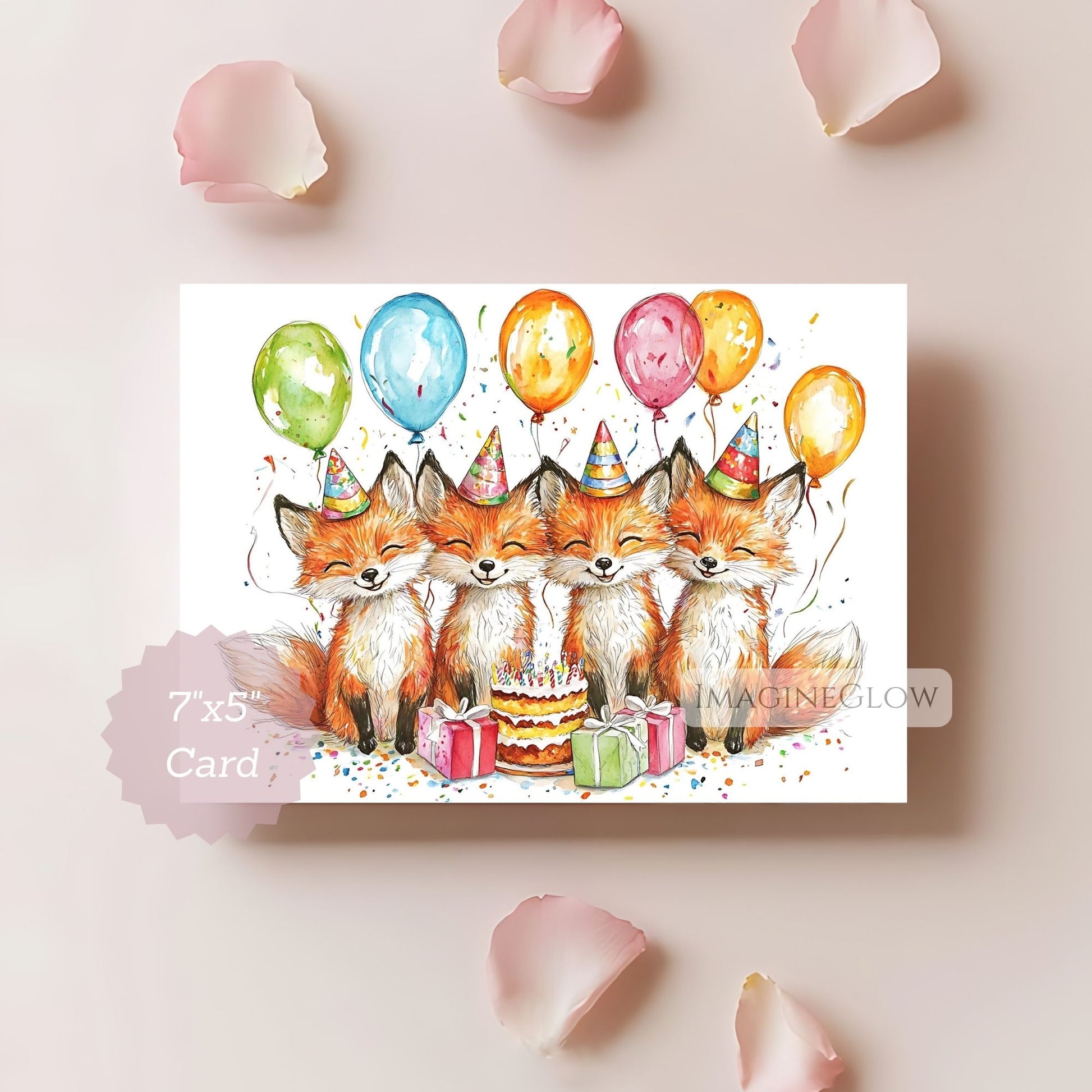 Birthday card with foxes and balloons on a light pink background