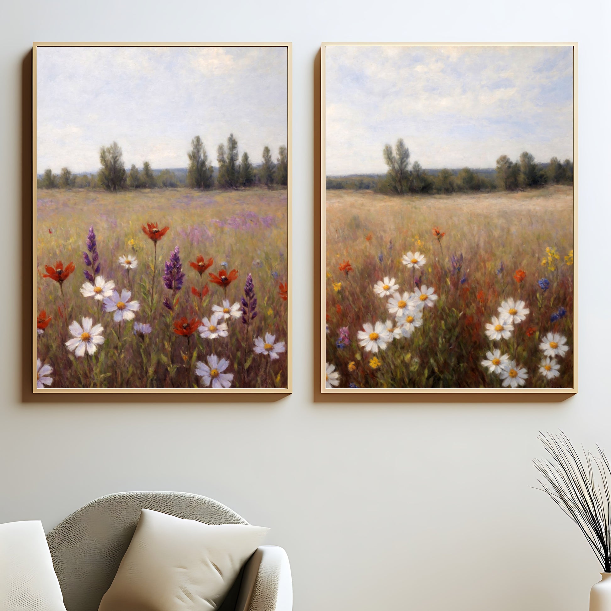 Neutral country print of a wildflower field painting