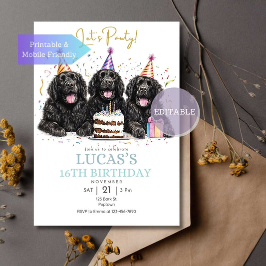 Newfoundland dog birthday invitation with a festive design for a dog party