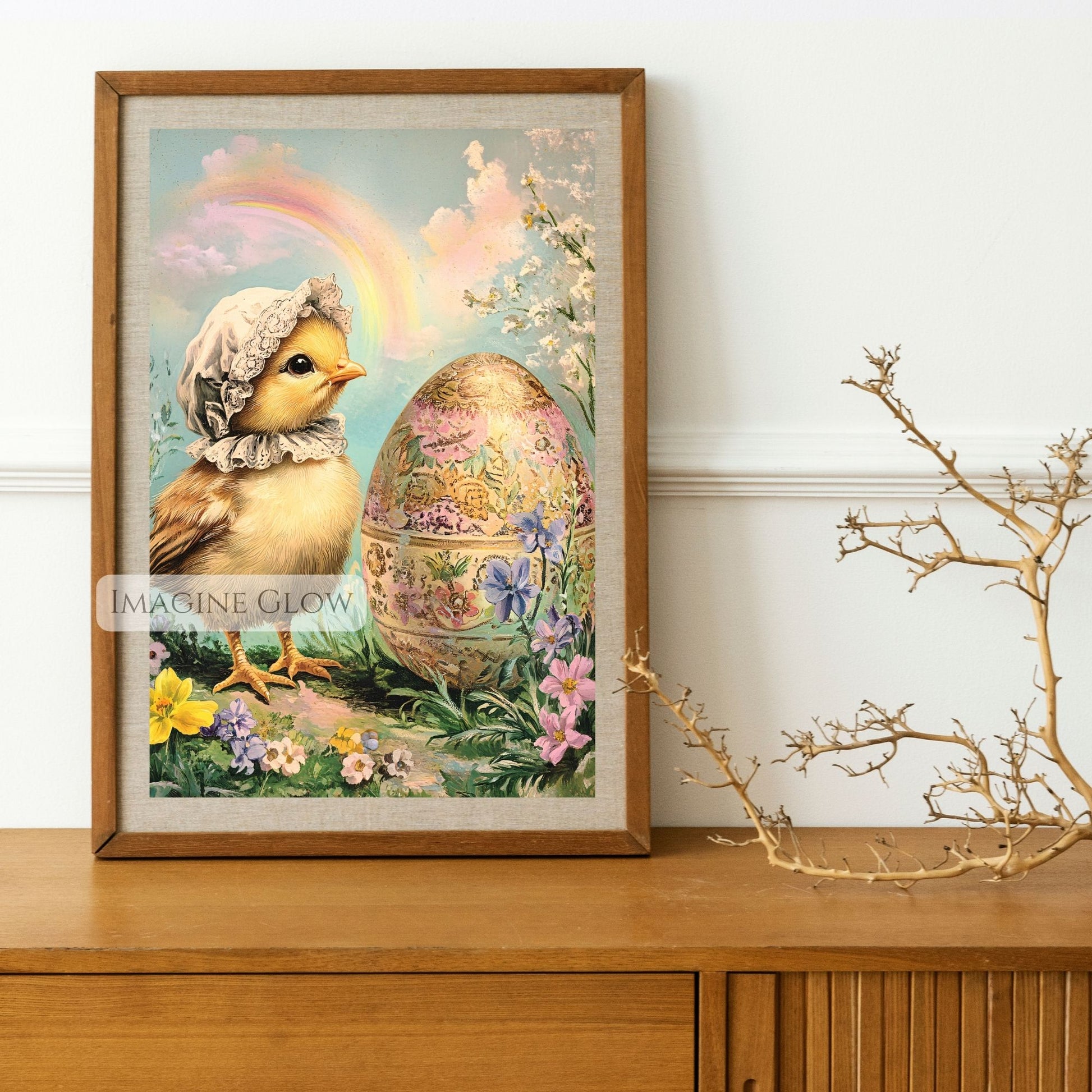 Easter farmhouse decor with baby chick and blooming flowers.