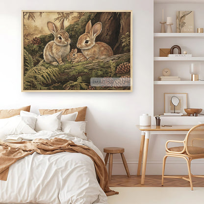 Countryside forest scene with rabbit family artwork.
