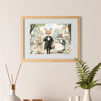 Antique Bunny and Fox Art with Easter Basket
