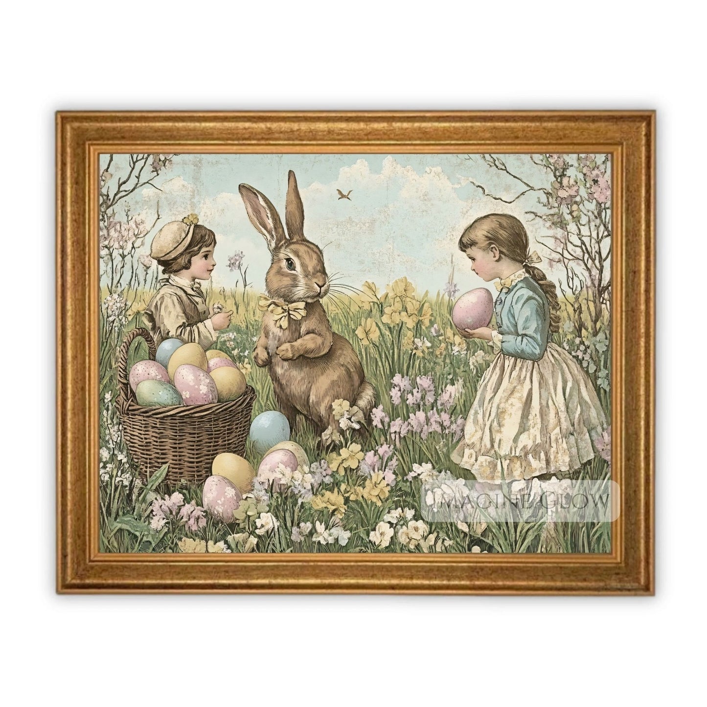 Easter classroom decor print with children in wildflowers.
