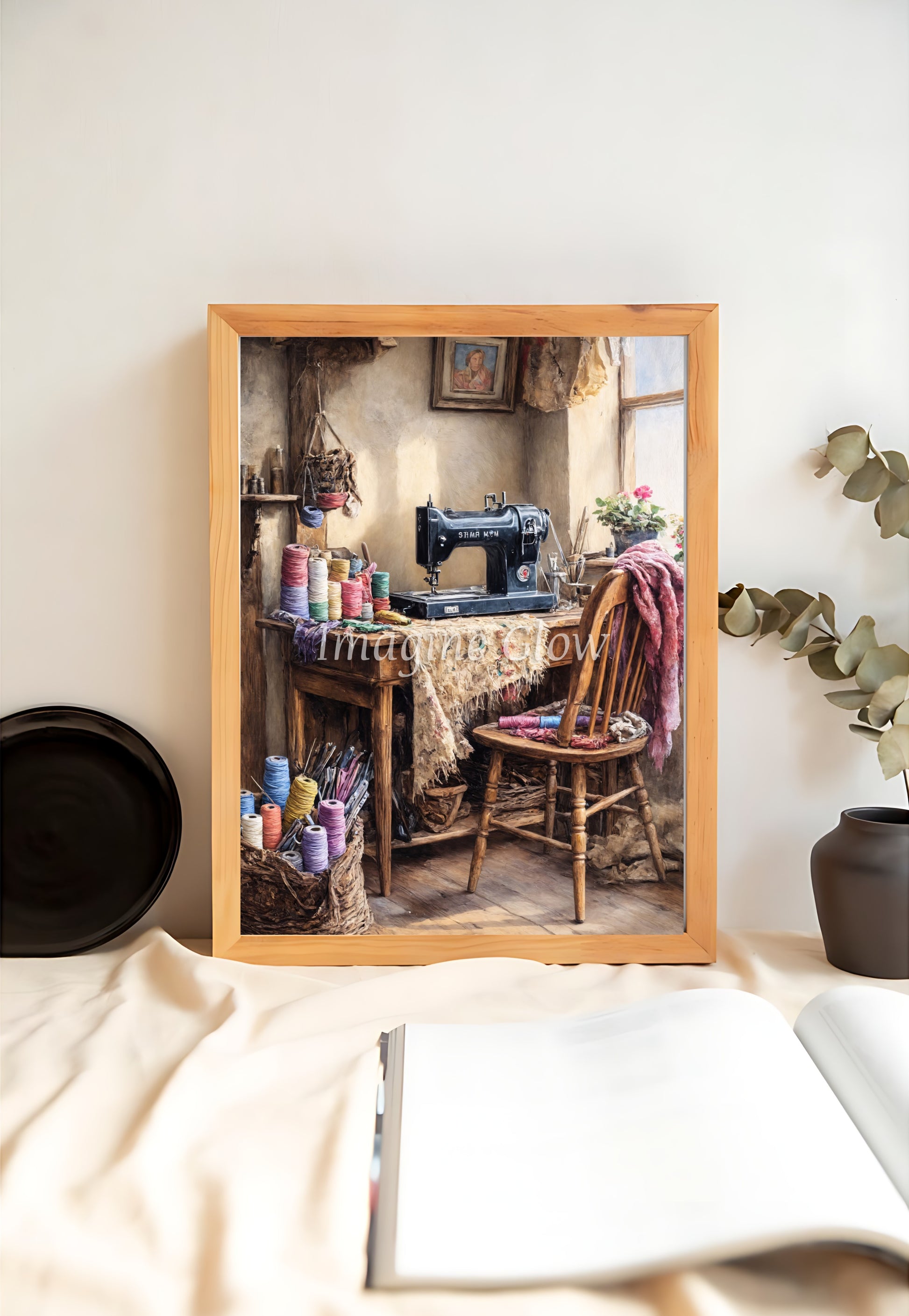 Nostalgic handmade creations depicted in vintage art of a cozy sewing room scene.
Old-fashioned sewing machine with colorful thread and knitting basket in vintage sewing room wall art.
