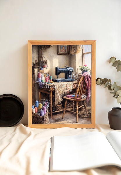 Nostalgic handmade creations depicted in vintage art of a cozy sewing room scene.
Old-fashioned sewing machine with colorful thread and knitting basket in vintage sewing room wall art.