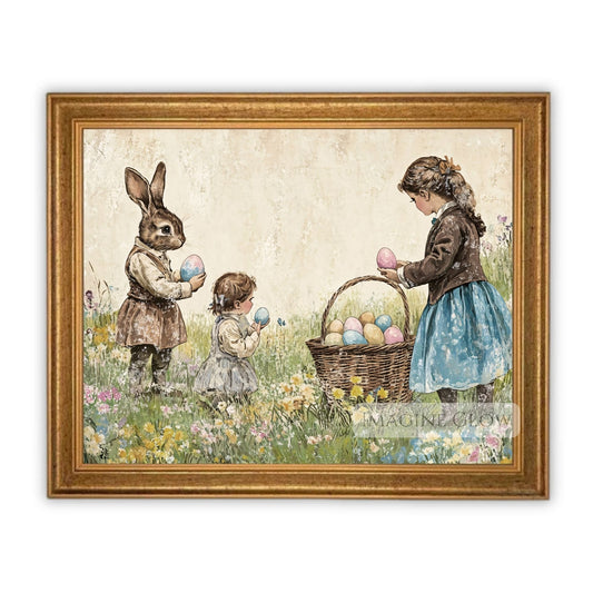 Vintage art of children hunting for Easter eggs in a wildflower field.
