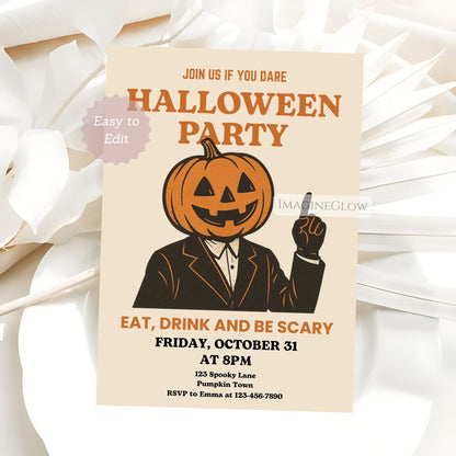vintage halloween invitation with pumpkin head
editable retro halloween party invite
pumpkin-headed man halloween invitation
