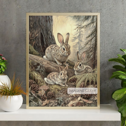 Countryside rabbit family vintage art print.
