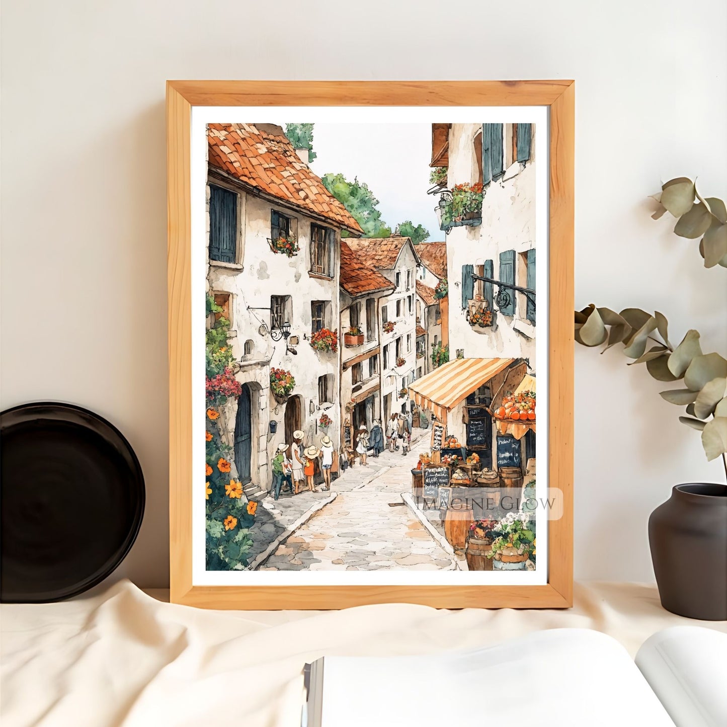 Springtime street market art print with a floral display and pastels.