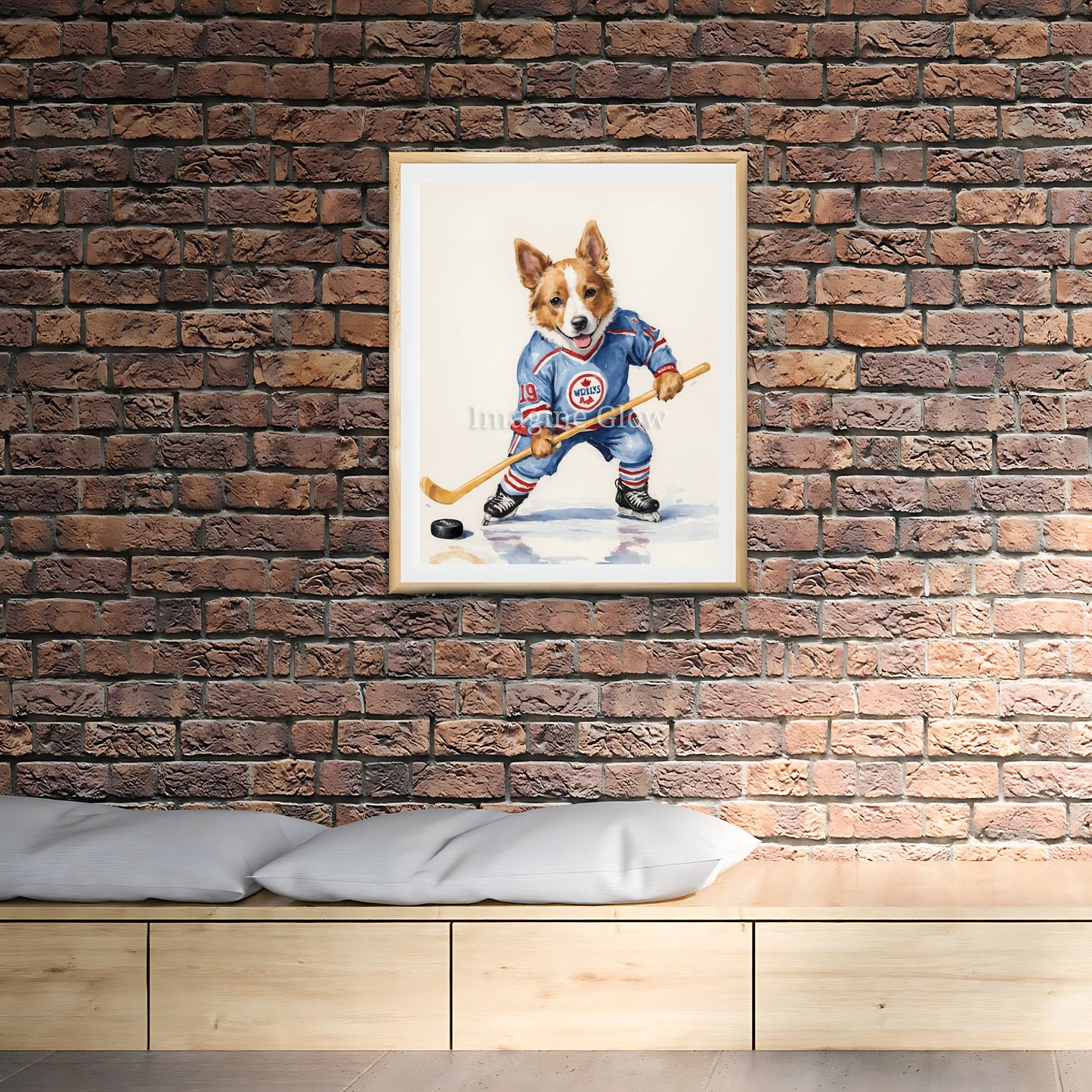 Sporty dog art print with a dog playing ice hockey, perfect for a child's room or playroom.
Instant digital download of a dog playing ice hockey, perfect for creating fun wall art in any room.