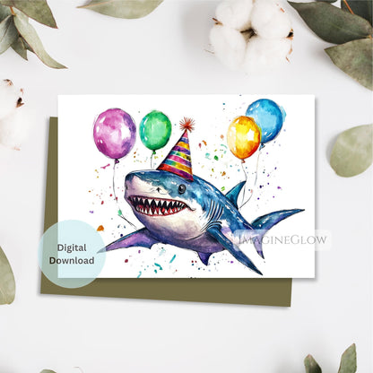 Birthday card with a shark wearing a party hat and balloons on a white background.