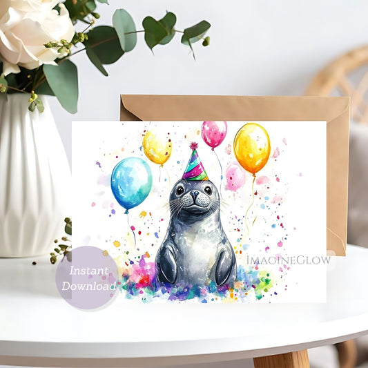 Greeting card with a seal wearing a party hat and balloons, placed on a white background.