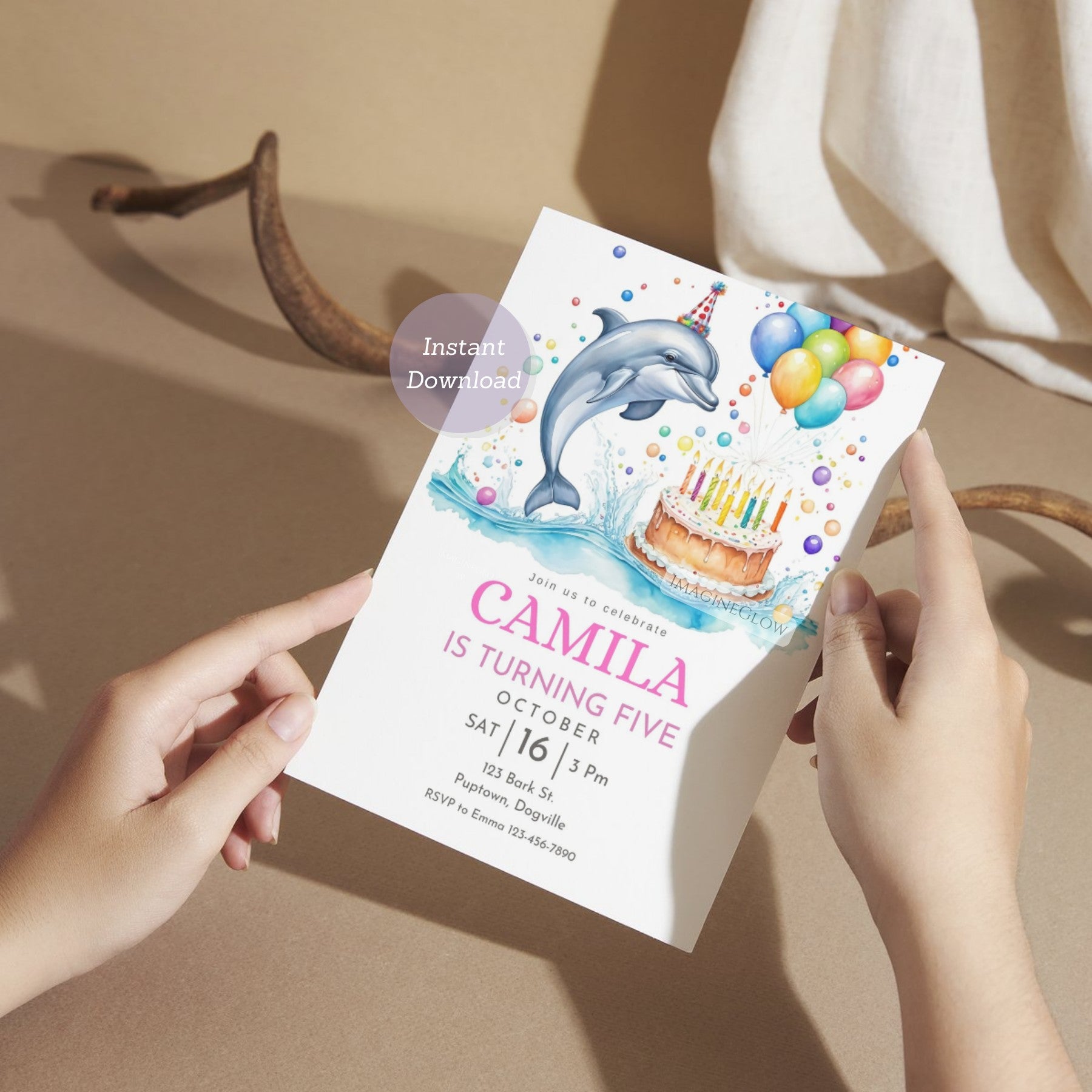 Editable dolphin party invite featuring under-the-sea design
