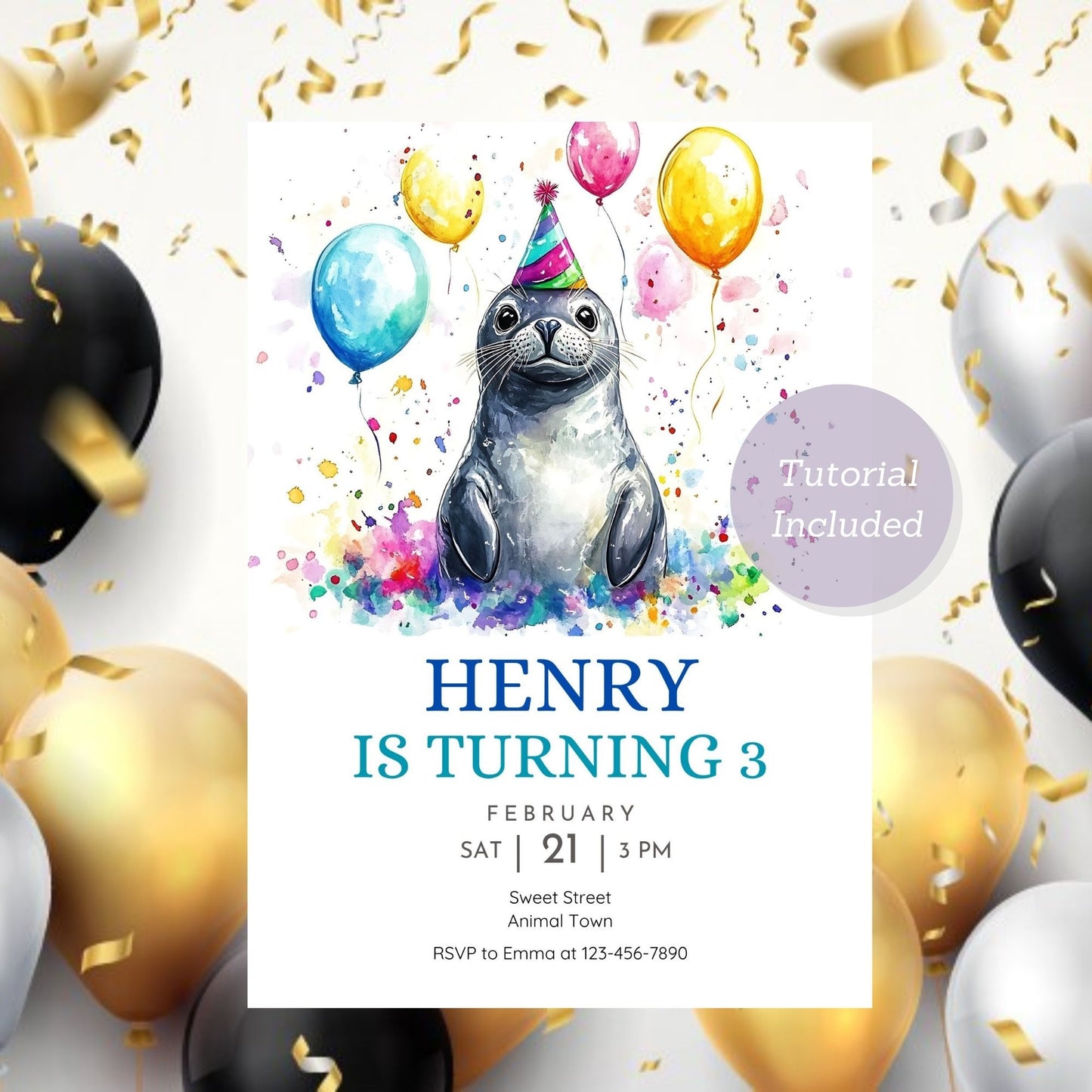 Marine-themed birthday invite with adorable seal design.
