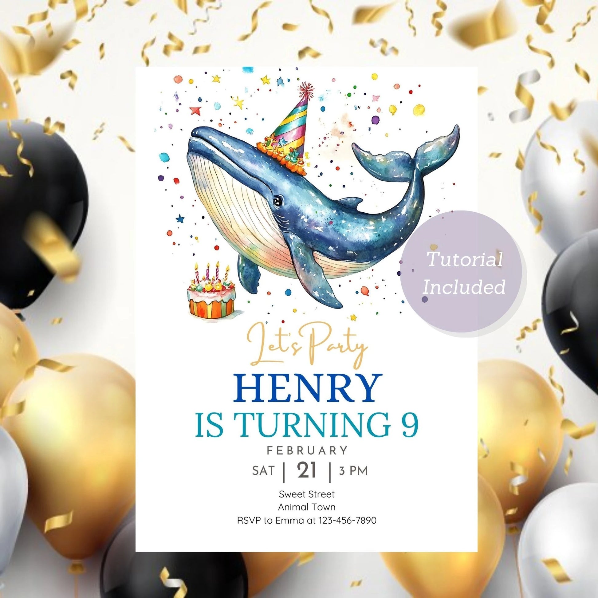 Printable whale birthday invite for kids.
Whale-themed birthday card with ocean party design.
