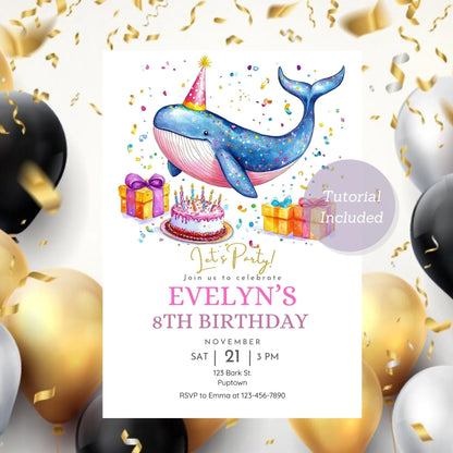 Cute whale party invite for kids with ocean theme.