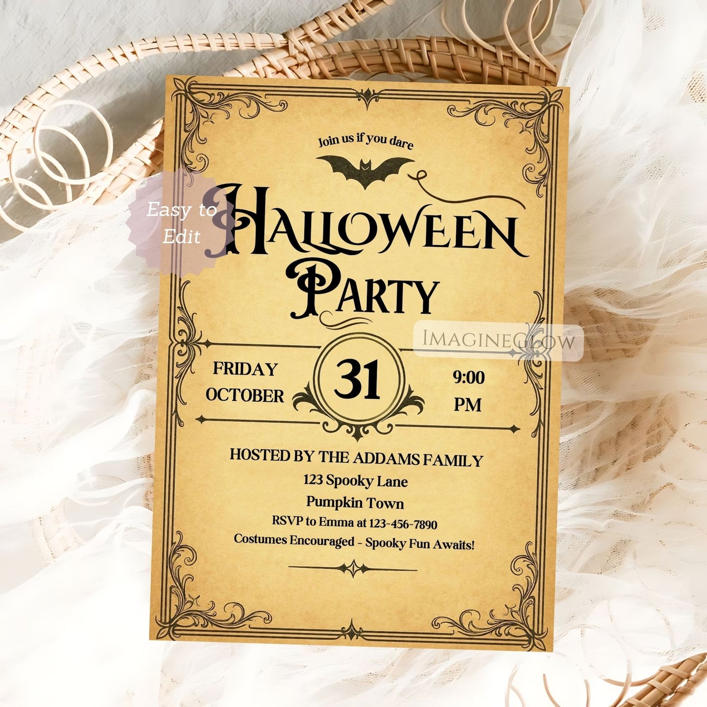 Vintage-style Halloween party invitation on a textured surface