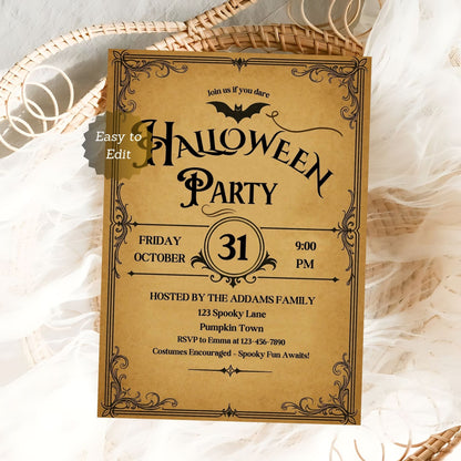 Halloween party invitation card with vintage design on a textured surface