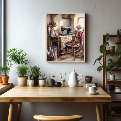 Muted tones and intricate details in a vintage sewing room with handmade creations and a rustic wooden chair.