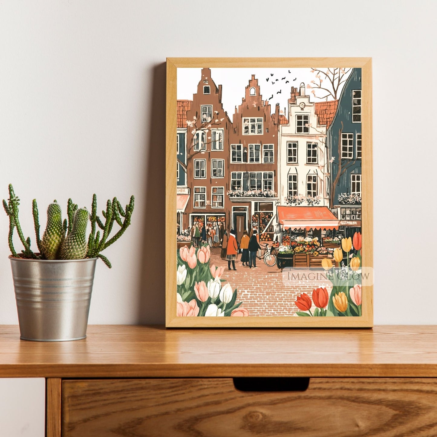 Hand-drawn floral artwork of tulips and cherry blossoms in a charming town.
