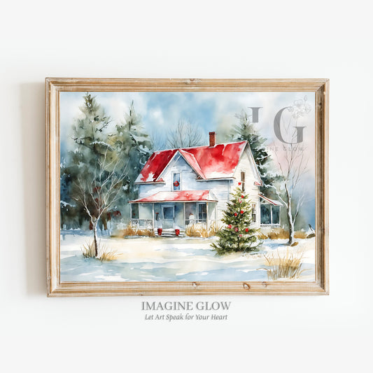 Old White House Art Print - Winter Wall Decor for Cozy Home and Office