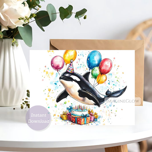 Birthday card with an orca whale, balloons, and cake on a white background.