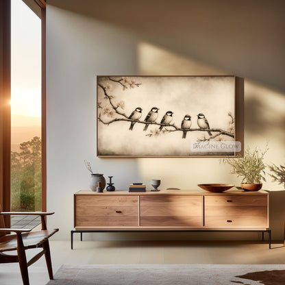 Rustic birds on a branch TV wall decor
