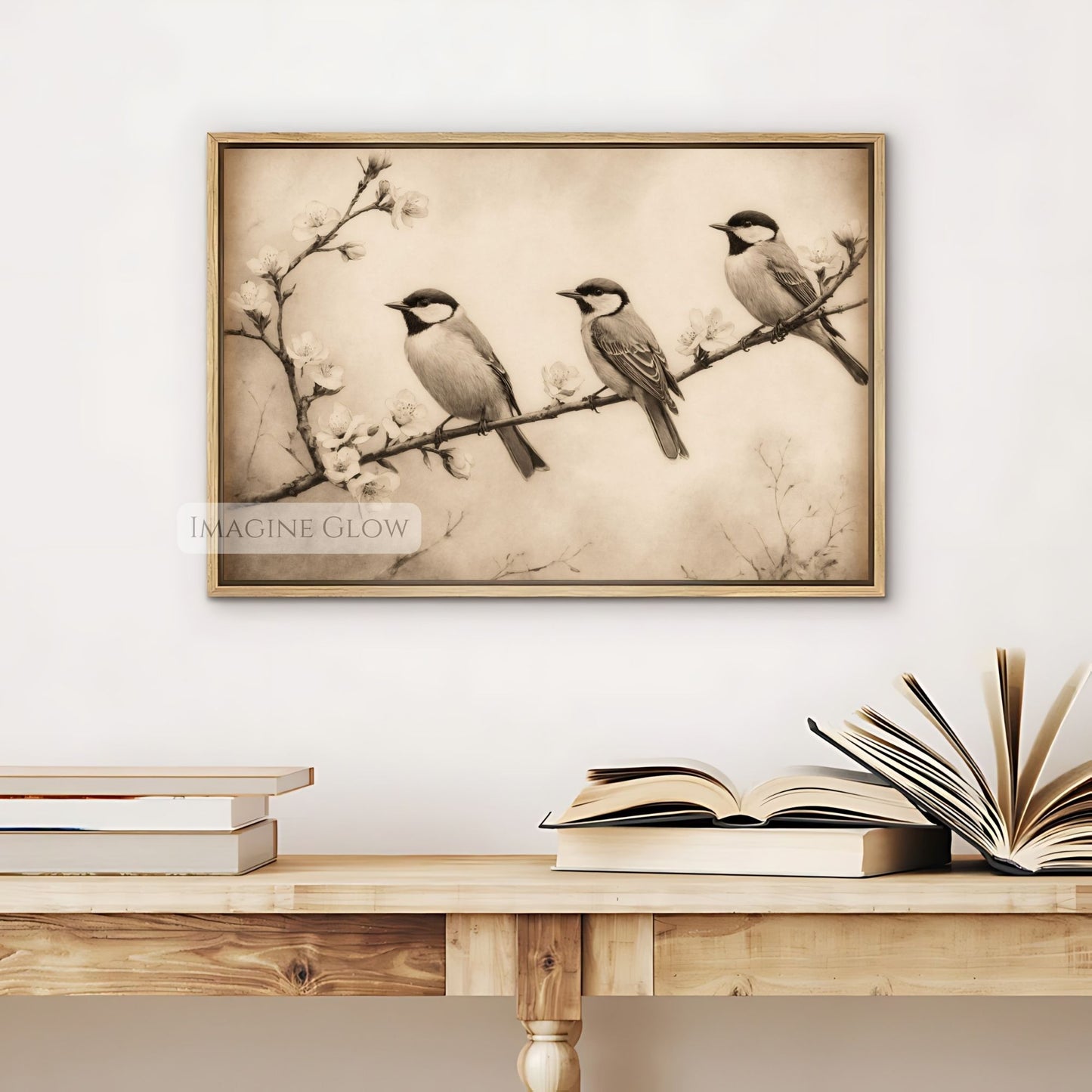 Three birds perched on a branch nature print
