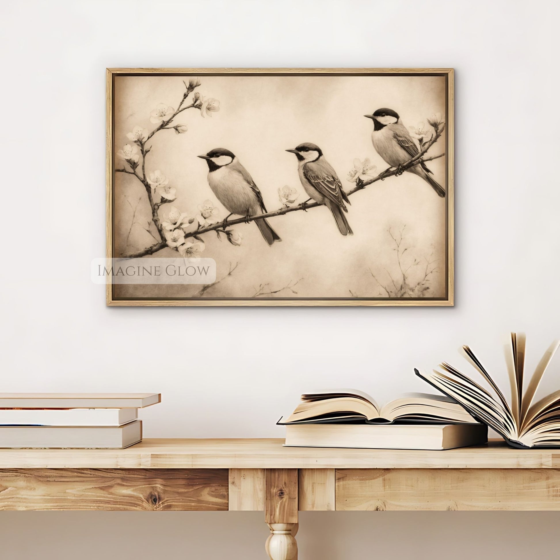 Three birds perched on a branch nature print

