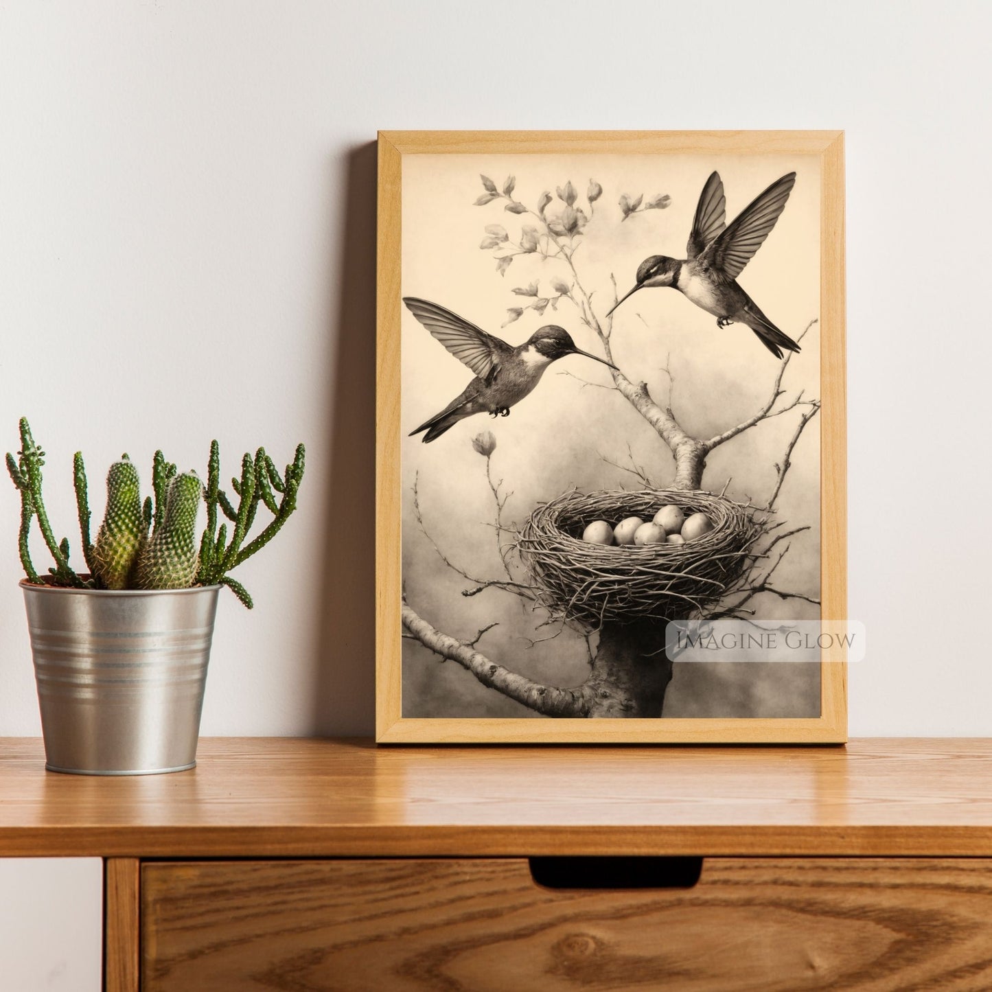 Printable nature art featuring hummingbirds and eggs

