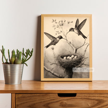 Printable nature art featuring hummingbirds and eggs

