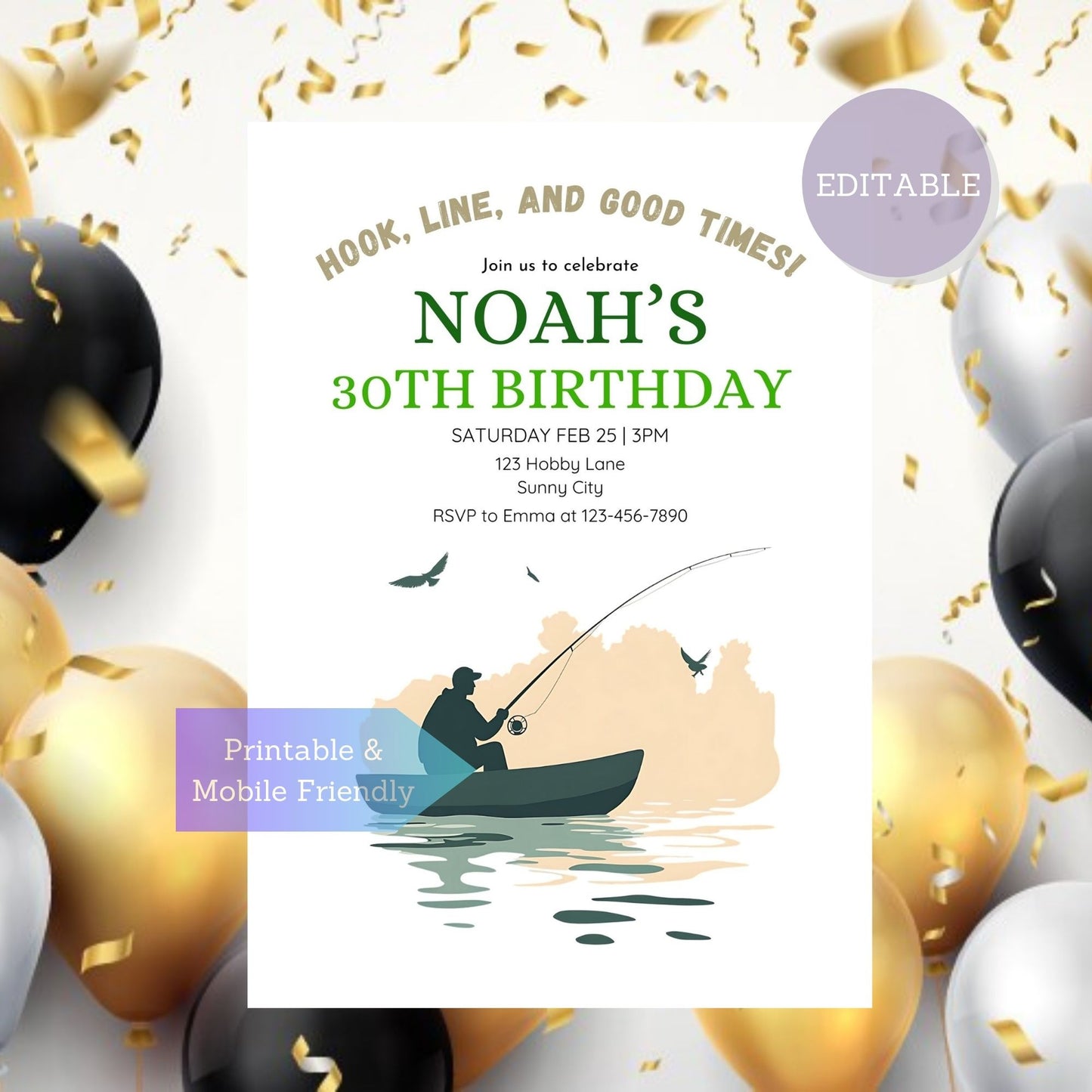 Outdoor fishing birthday party invite with editable text in Canva design.