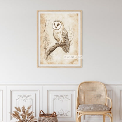 Nature-inspired owl sketch print for cabin walls.
