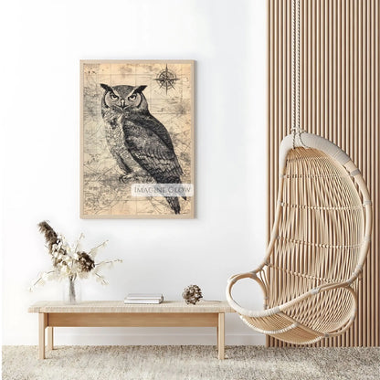 Black and white owl on old map print
