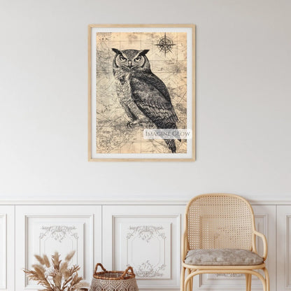 Vintage owl on antique map artwork
