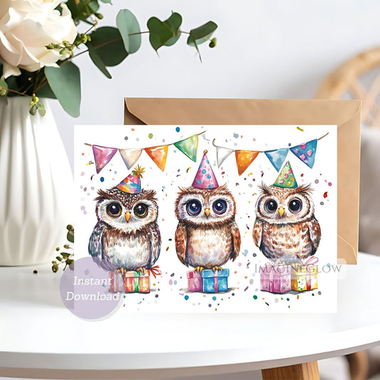 owls birthday card
woodland animal greeting card
printable owls card
