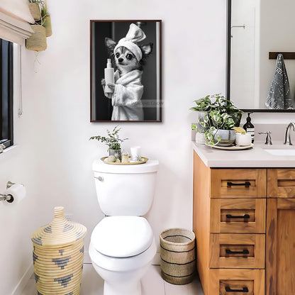Black-and-white Papillon photo art for bathroom decor
