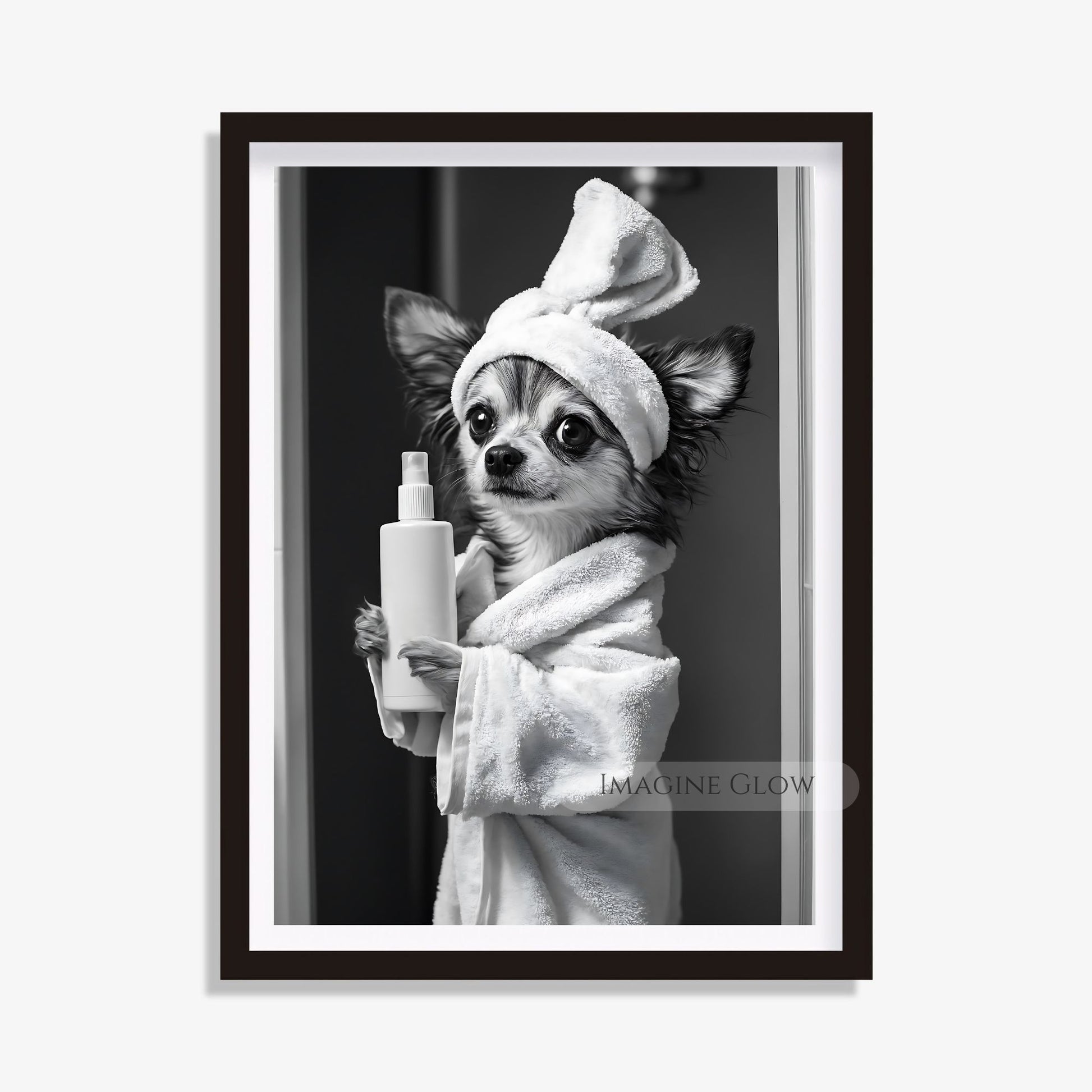 Quirky Papillon bathroom print featuring a dog in a robe
