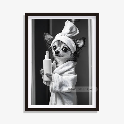 Quirky Papillon bathroom print featuring a dog in a robe

