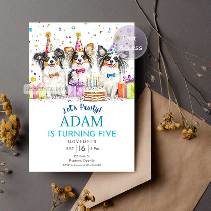 5x7 papillon birthday invitation
papillon dog celebration invite
