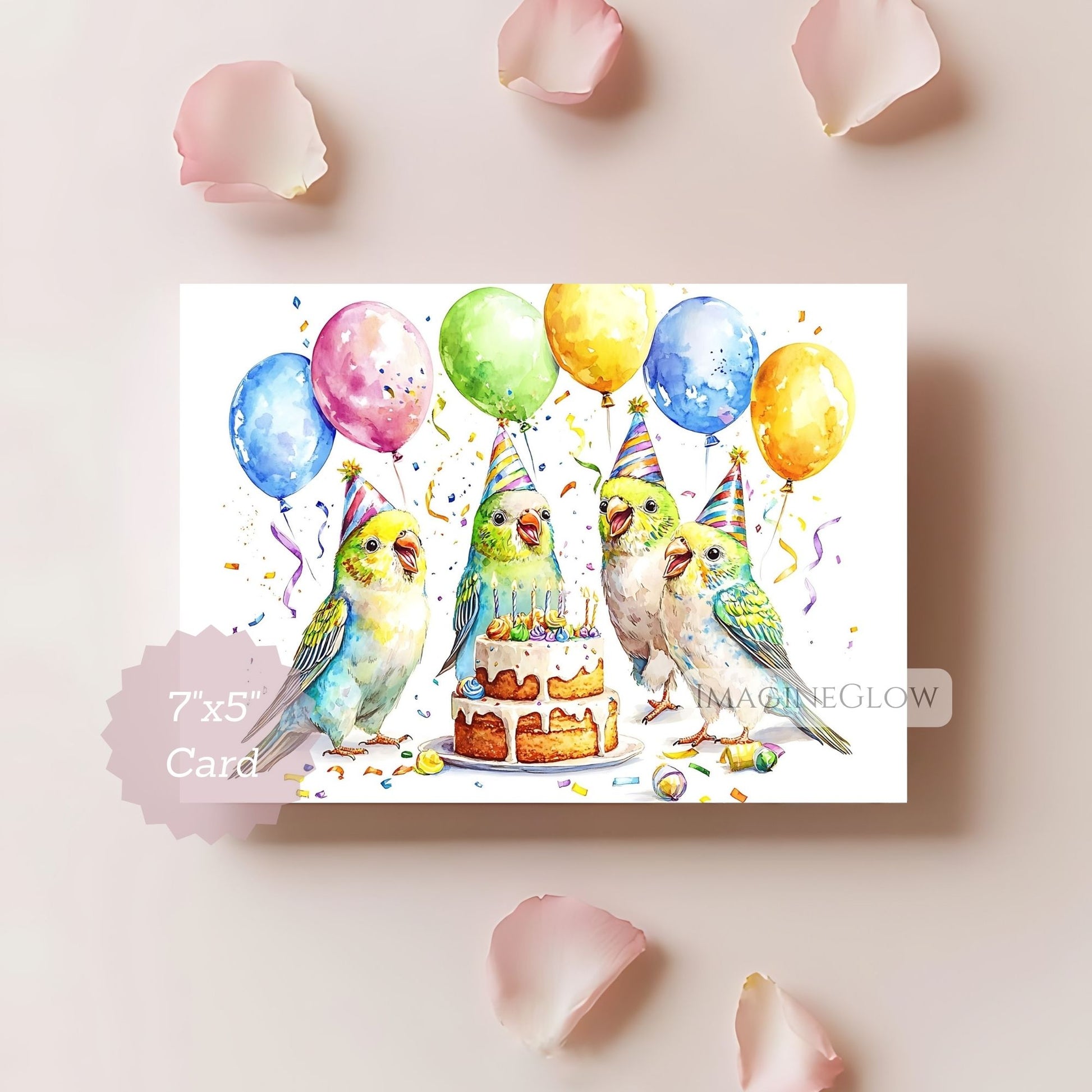 Birthday card with colorful parakeets and balloons on a light pink background