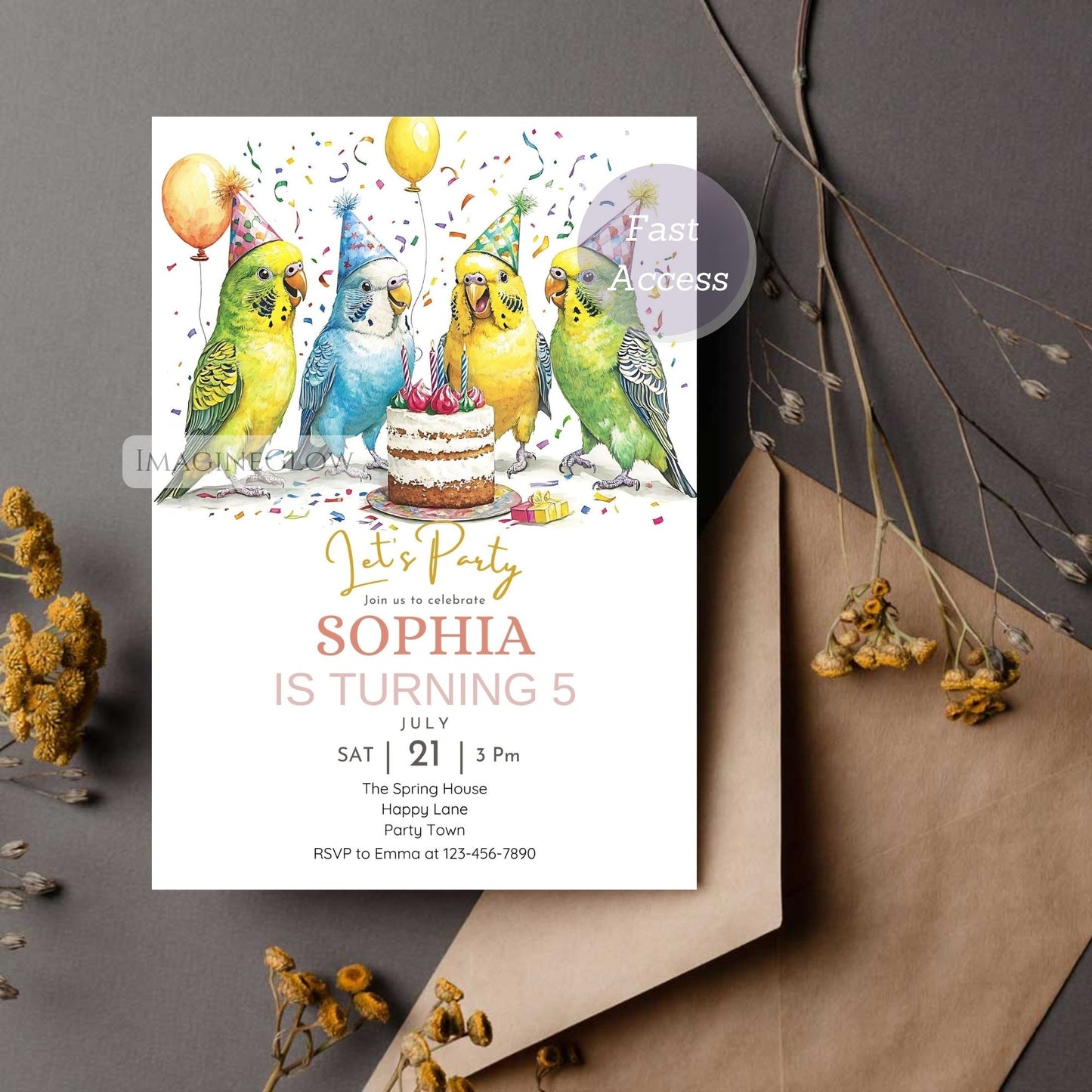 Parakeet party invite printable digital download
